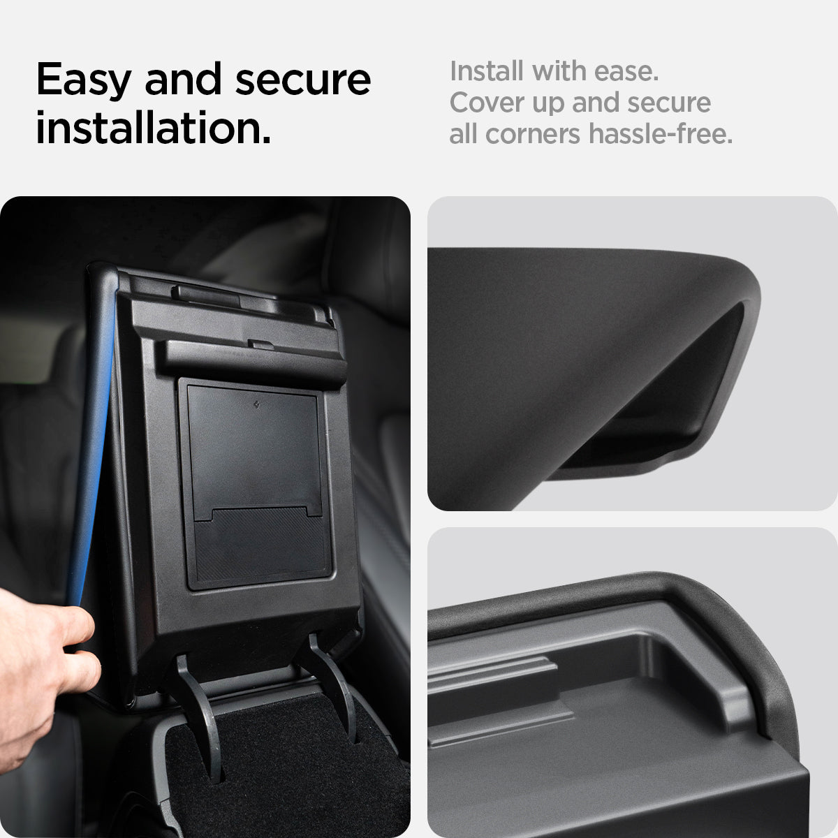 ACP06042 - Tesla Model 3 & Y Armrest Cover in black showing the easy and secure installation, install with ease. Cover up and secure all corner hassle-free