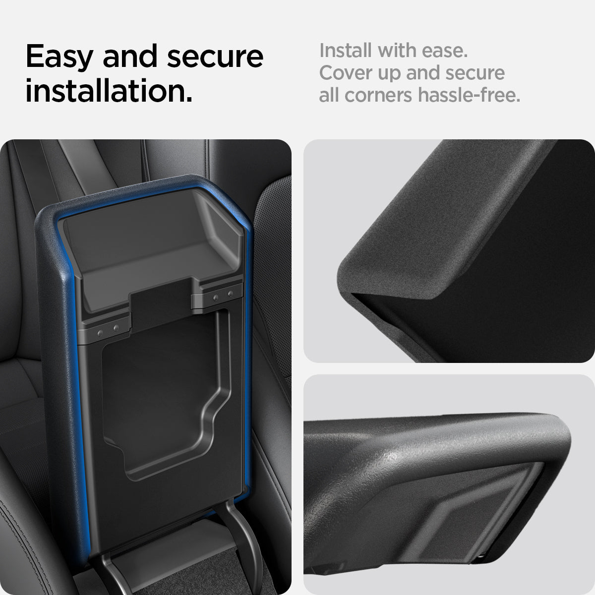 ACP07410  - Model 3 (2024) Armrest Cover TO240H in Black showing the easy and secure installation, install with ease, cover up and secure all corners hassle-free