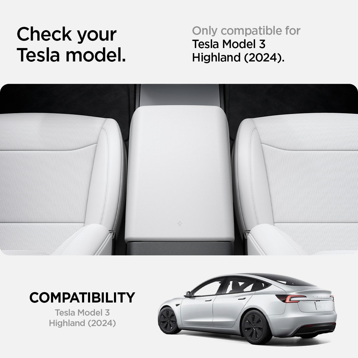 ACP07646 - Tesla Model 3 Highland Armrest Cover TO240H in White showing the compatibility of an armrest in between the two car front seats