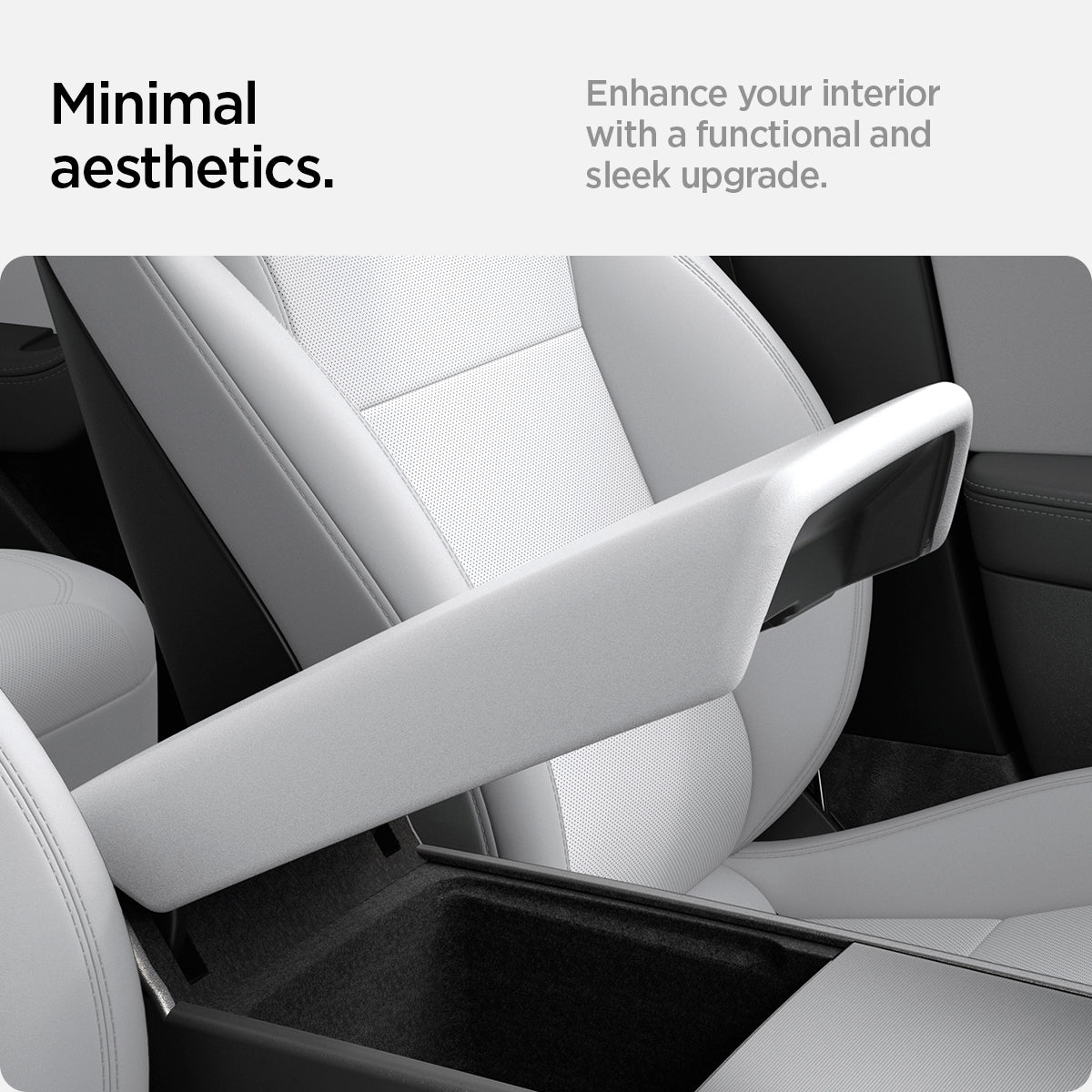 ACP07646 - Tesla Model 3 Highland Armrest Cover TO240H in White showing the minimal aesthetics, enhance your interior with a functional and sleek upgrade. Showing the armrest partially lifted up