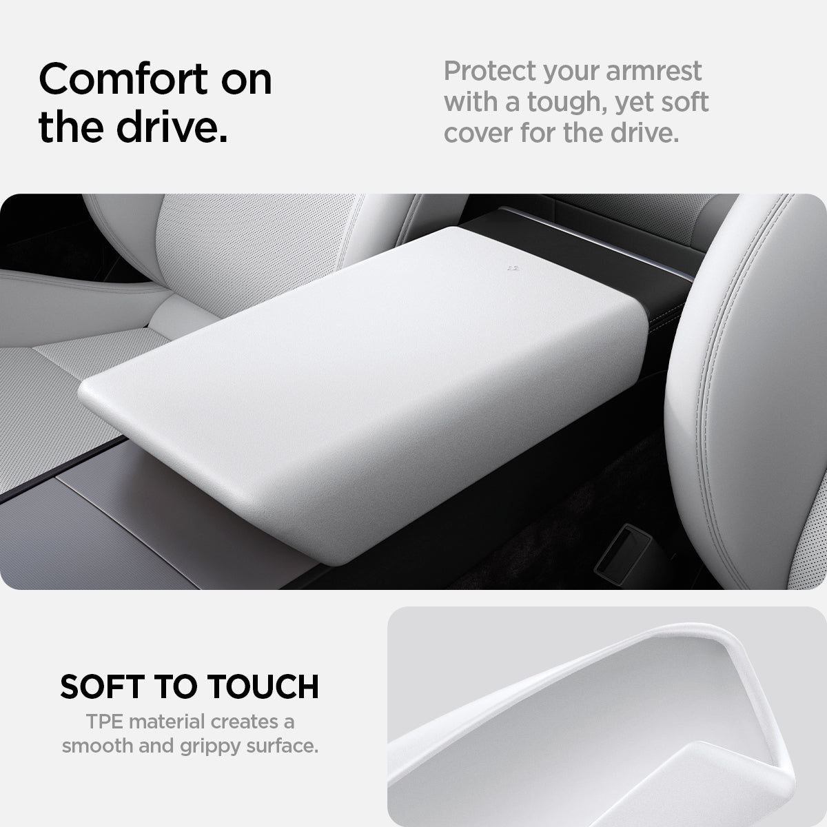 ACP07646 - Tesla Model 3 Highland Armrest Cover TO240H in White showing the comfort on the drive, protect your armrest with a tough, yet soft cover for the drive, soft to touch (TPE material creates a smooth grippy surface)