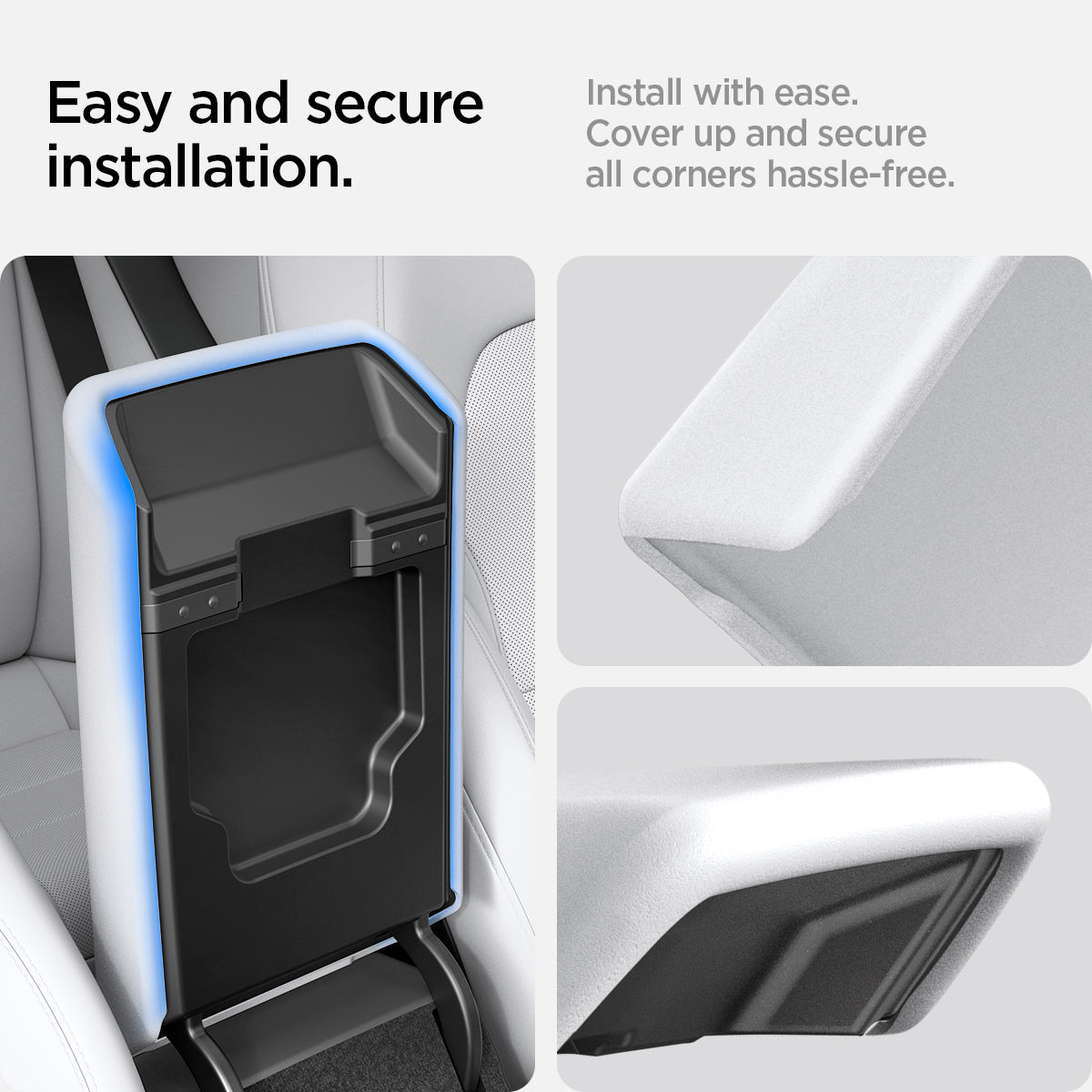 ACP07646 - Tesla Model 3 Highland Armrest Cover TO240H in White showing the easy and secure installation, install with ease, cover up and secure all corners hassle-free