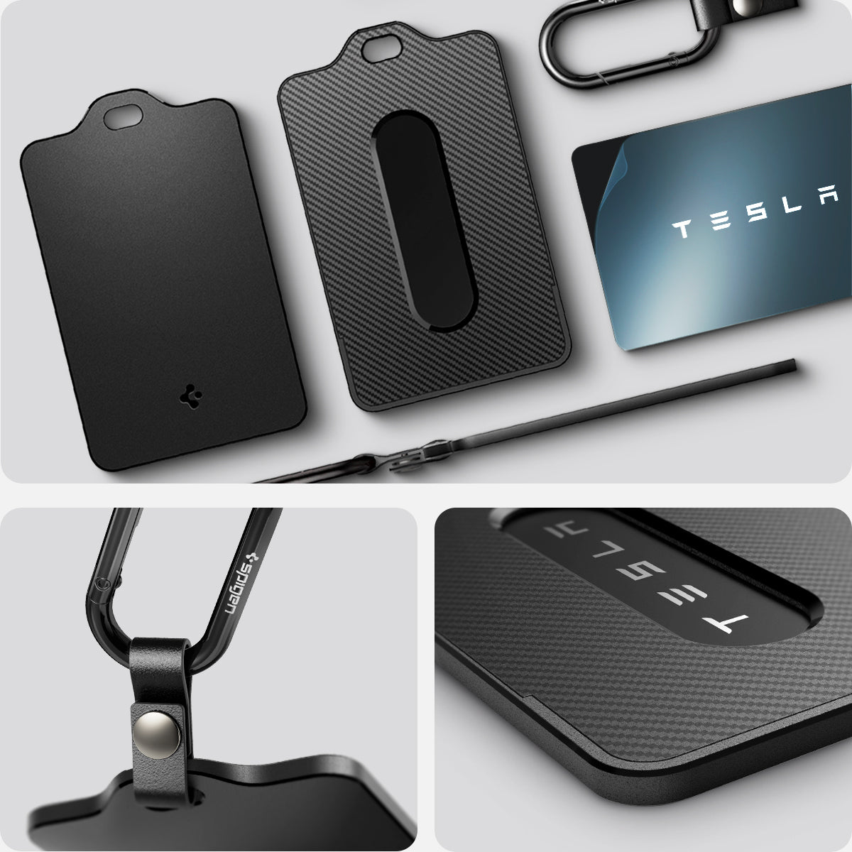 ACP07175 - Tesla Key Card Holder showing the parts, front, back, partial side and carabiner attached