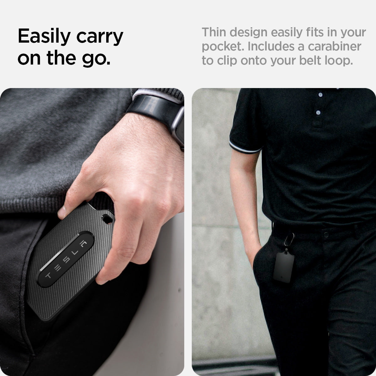 ACP07175 - Tesla Key Card Holder showing the easily carry on the go, thin design easily fits in your pocket, includes a carabiner to clip onto your belt loop