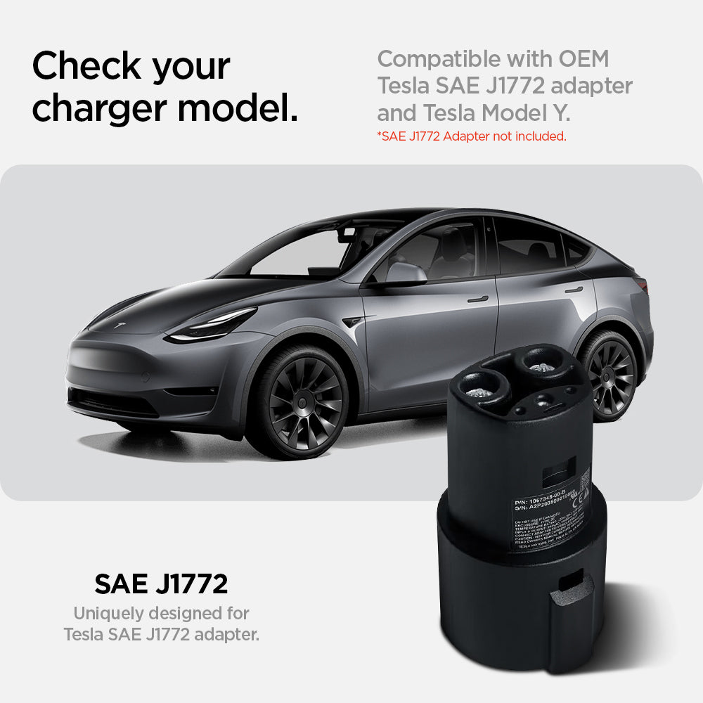 ACP08342 - Tesla Charging Adapter Door Dock TO252 in Black showing the check your charger model, compatible with EOM Tesla SAE J1772 
unique design for tesla  SAE J1772 adapter