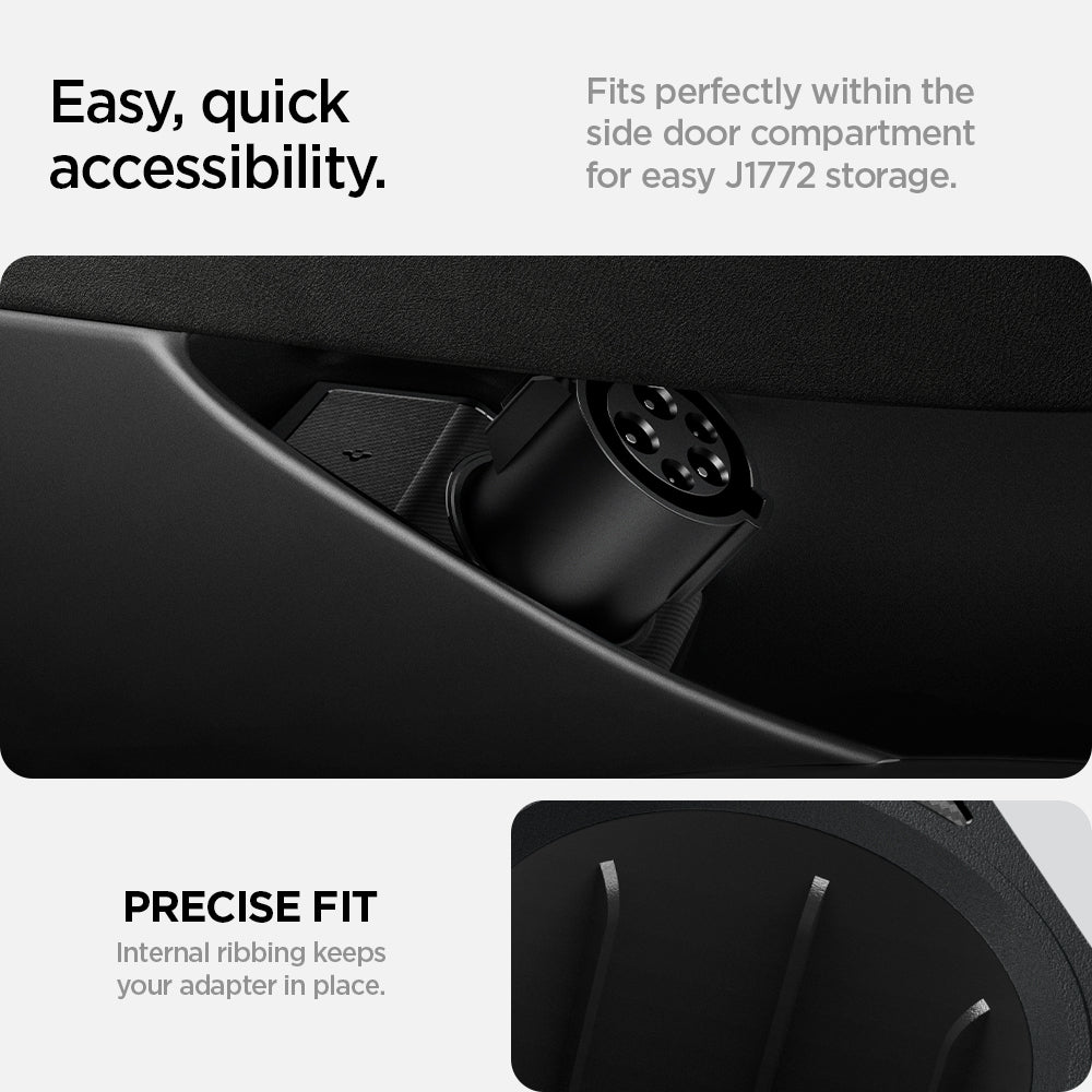 ACP08342 - Tesla Charging Adapter Door Dock TO252 in Black showing the easy quick accessibility, fits perfectly within the side door compartment for easy J1772 storage, precise fit internal ribbing keeps your adpater in place