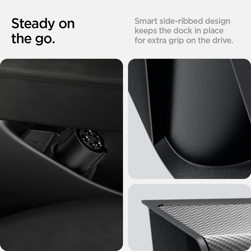 ACP08342 - Tesla Charging Adapter Door Dock TO252 in Black showing the steady on the go, smart side-ribbed design keeps the dock in place for extra grip on the drive