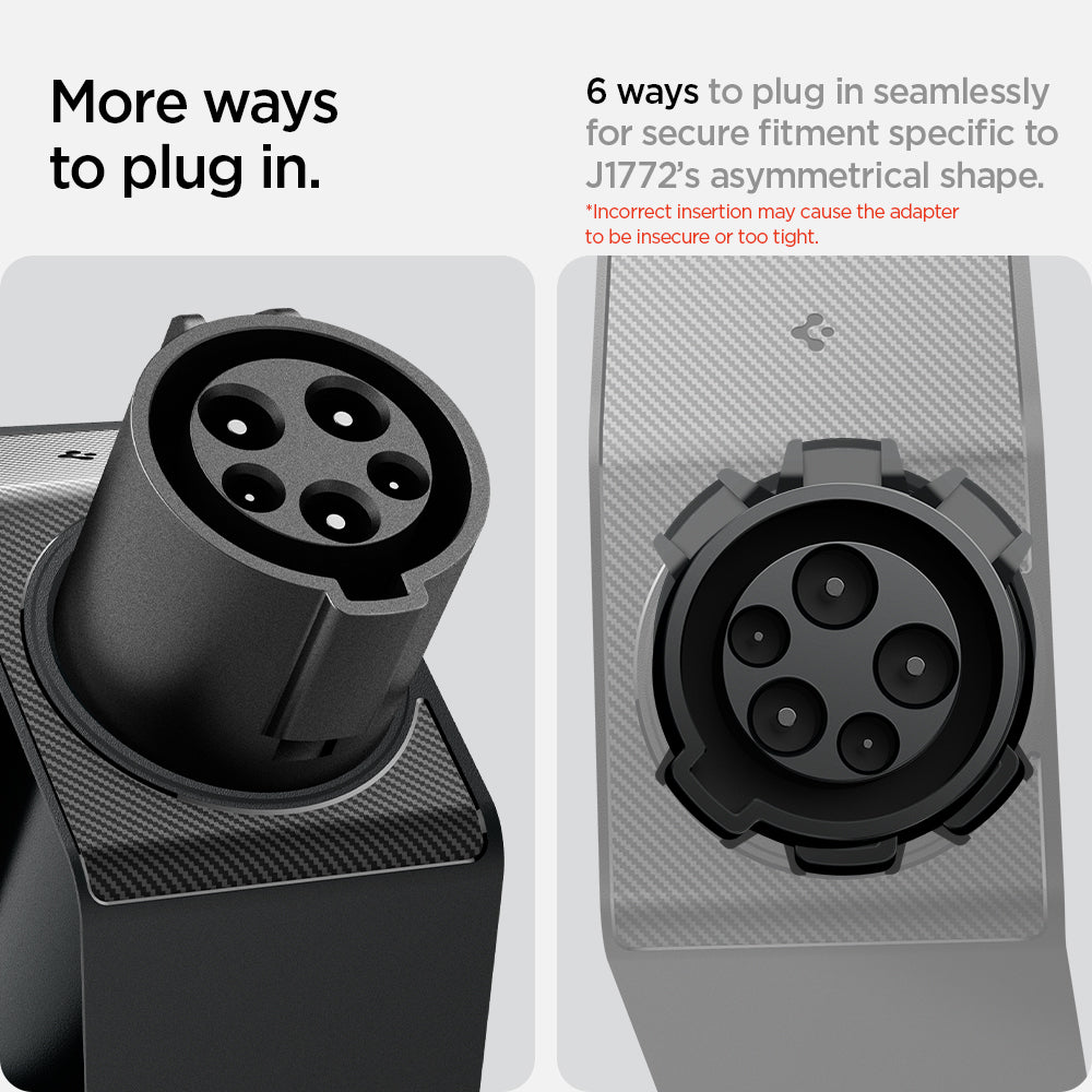 ACP08342 - Tesla Charging Adapter Door Dock TO252 in Black showing the more ways to plug in, 6  ways to plug in seamlessly for secure fitment specific to J1772's asymmetrical shape