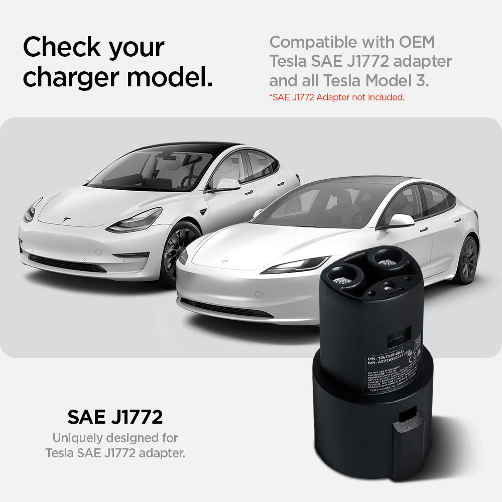 ACP08849 - Tesla Charging Adapter Door Dock TO253 in Black showing the compatibility, compatible with OEM Tesla SAE J1772 adapter and all Tesla Model 3, SAE J1772 is uniquely designed for Tesla SAE J1772 adapter