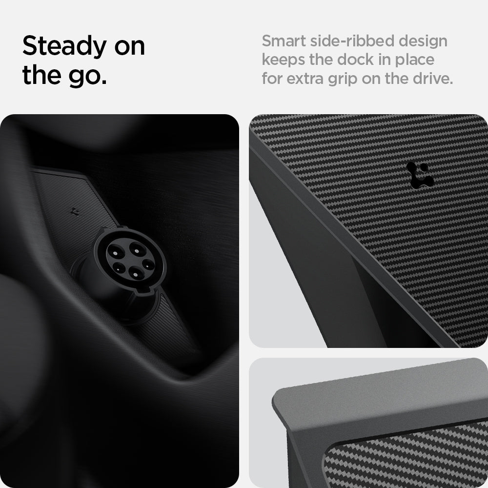 ACP08849 - Tesla Charging Adapter Door Dock TO253 in Black showing the steady on the go, smart side-ribbed design keeps the dock in place for extra grip on the drive