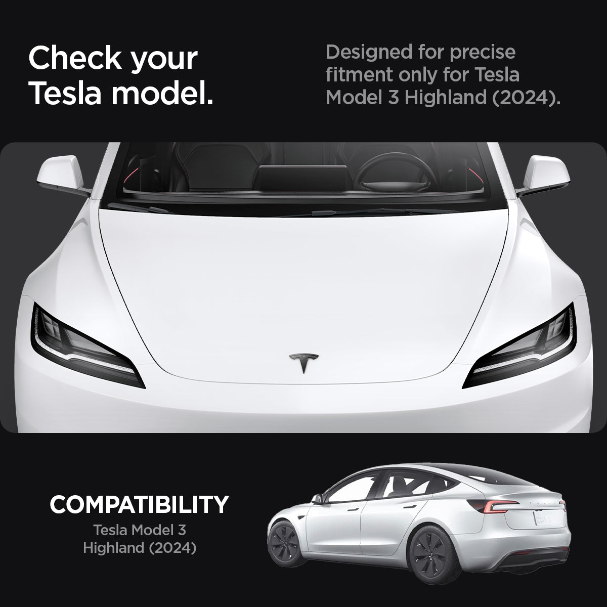 ACP08548 - Tesla Model 3 Highland Front Emblem Logo Cover TO321H in Carbon showing the compatibility, designed for precise fitment only for Tesla model 3 highland (2024)