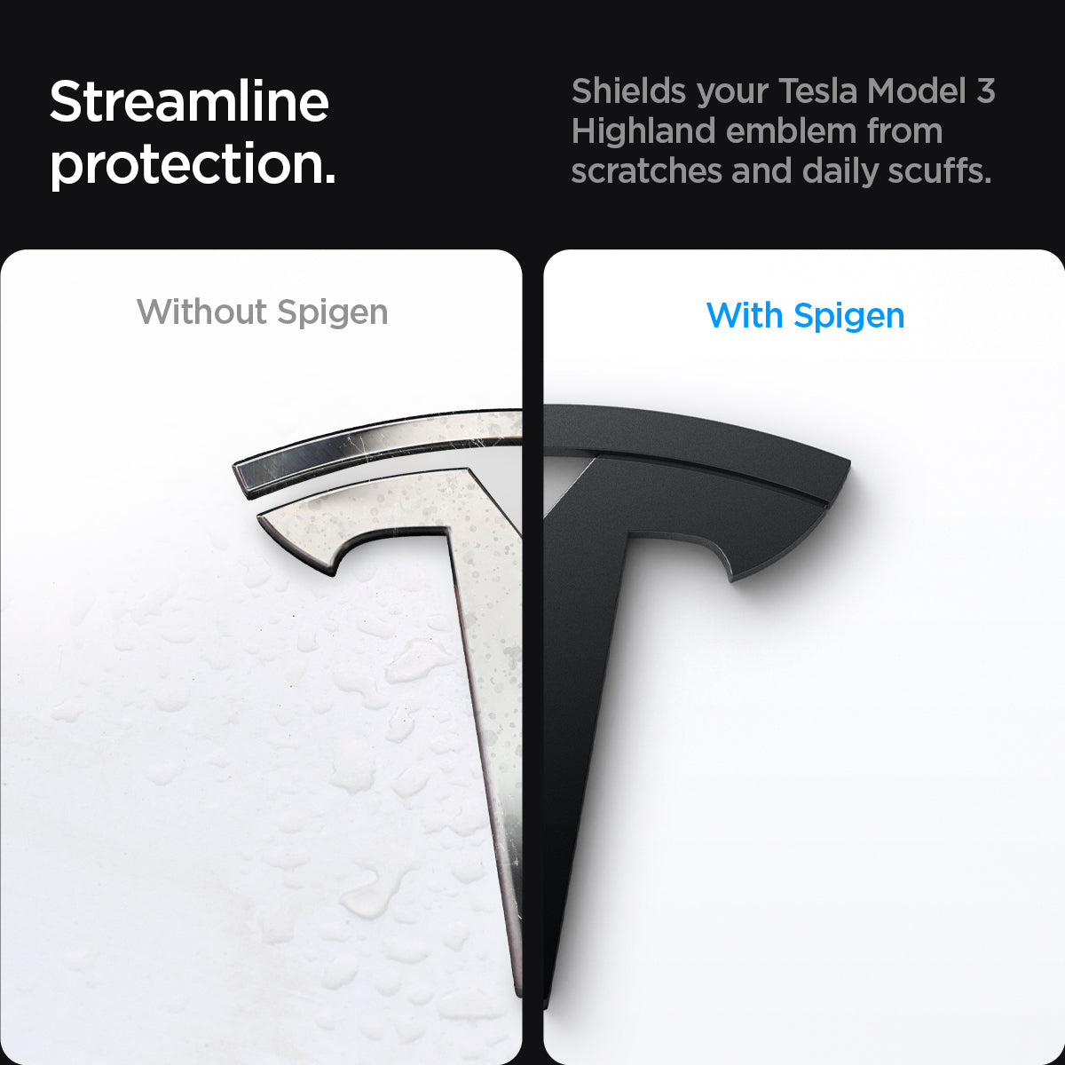 ACP08547 - Tesla Model 3 Highland Front Emblem Logo Cover TO321H in Black showing the streamline protection, shields your Tesla Model 3 Highland emblem form scratches and daily scuffs