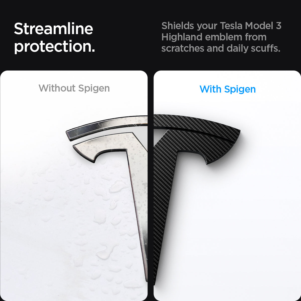 ACP08548 - Tesla Model 3 Highland Front Emblem Logo Cover TO321H in Carbon showing the streamline protection, shields your Tesla Model 3 Highland emblem form scratches and daily scuffs