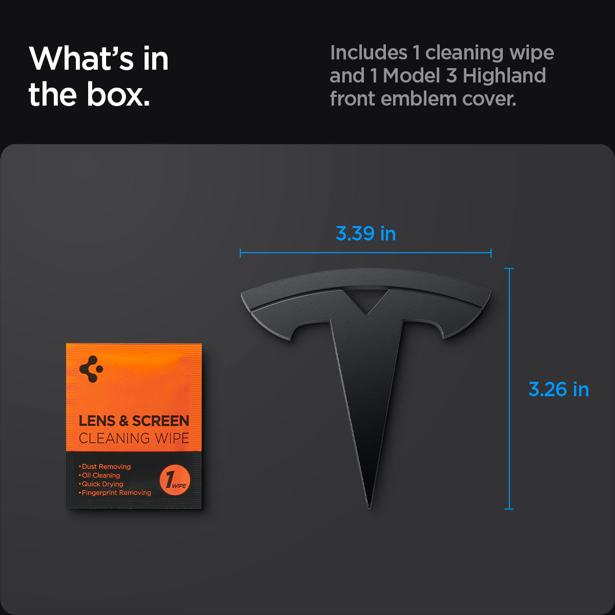 ACP08547 - Tesla Model 3 Highland Front Emblem Logo Cover TO321H in Black showing what's in the box, includes 1 cleaning wipe and 1 model 3 highland front emblem cover
w=3.39 in x h=3.26 in