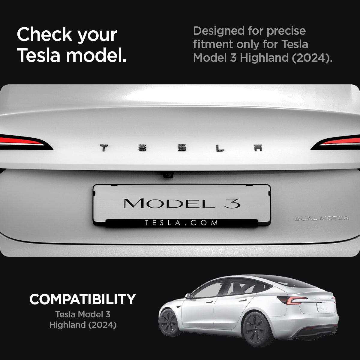 ACP08550 - Tesla Model 3 Highland Rear Emblem Logo Cover TO322H in Carbon showing the compatibility, designed for precise fitment only for Tesla Model 3 Highland (2024) only compatible with Tesla Model 3 Highland (2024)