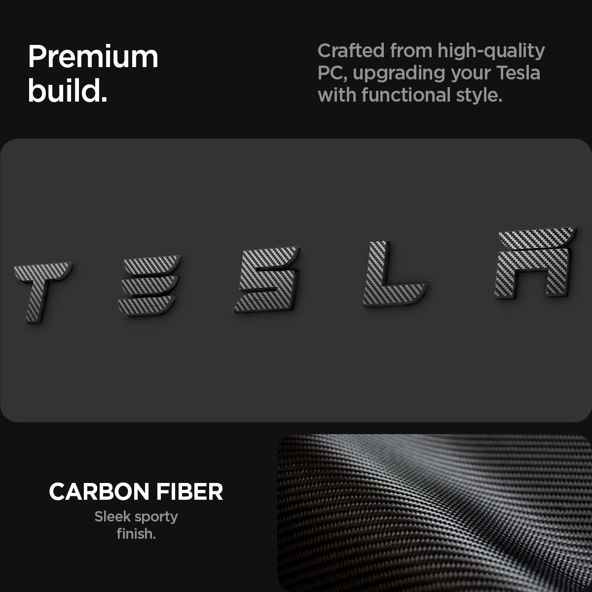 ACP08550 - Tesla Model 3 Highland Rear Emblem Logo Cover TO322H in Carbon showing the premium build. Crafted from high quality PC, upgrading your Tesla with functional style in matte black, sleek modern finish