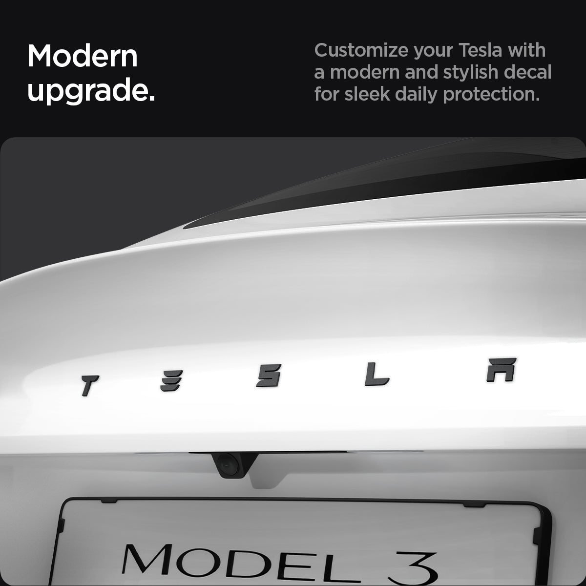 ACP08549 - Tesla Model 3 Highland Rear Emblem Logo Cover TO322H in Black showing the modern upgrade, customize your Tesla with a modern and stylish decal for sleek daily protection