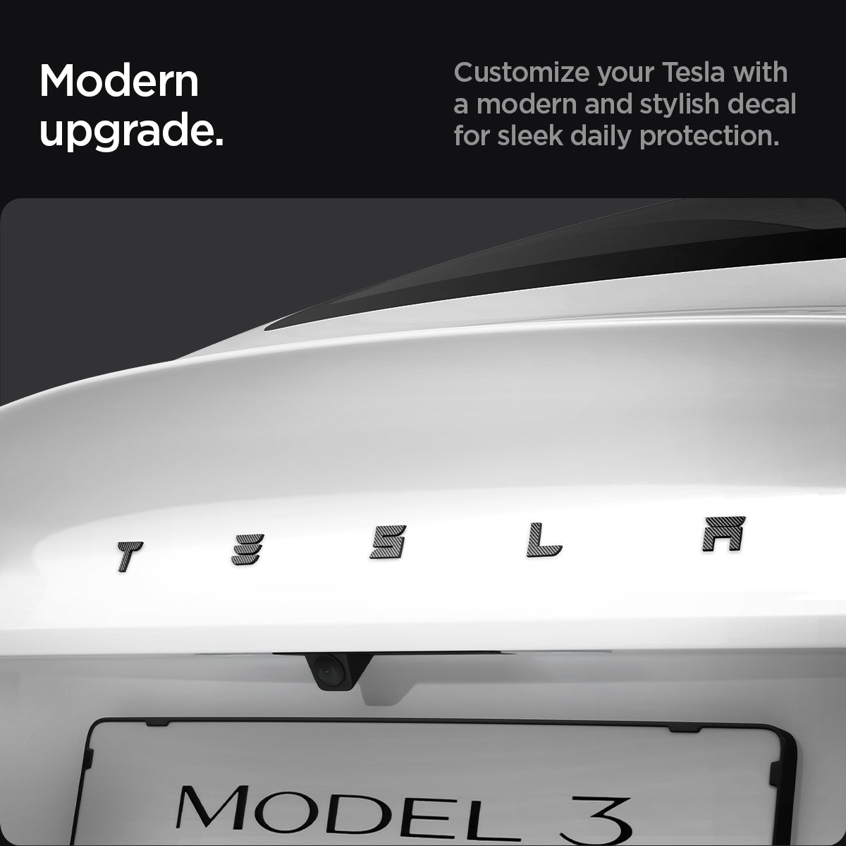 ACP08550 - Tesla Model 3 Highland Rear Emblem Logo Cover TO322H in Carbon showing the modern upgrade, customize your Tesla with a modern and stylish decal for sleek daily protection