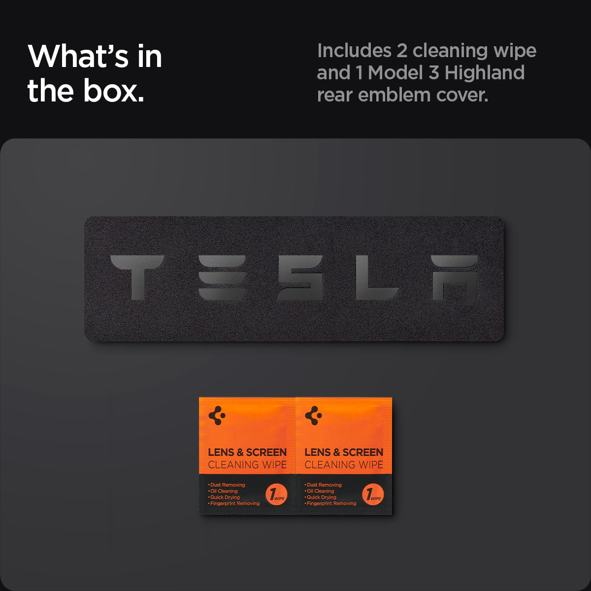 ACP08549 - Tesla Model 3 Highland Rear Emblem Logo Cover TO322H in Black showing the what's in the box, includes 2 cleaning wipe and 1 Model 3 Highland rear emblem cover