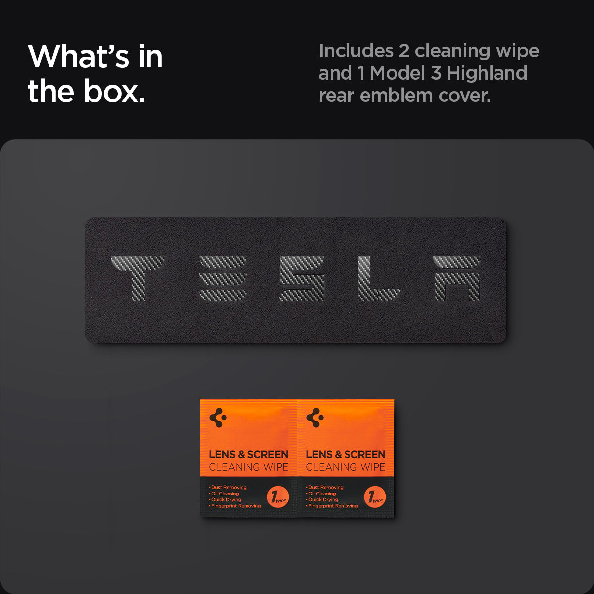 ACP08550 - Tesla Model 3 Highland Rear Emblem Logo Cover TO322H in Carbon showing the what's in the box, includes 2 cleaning wipe and 1 Model 3 Highland rear emblem cover