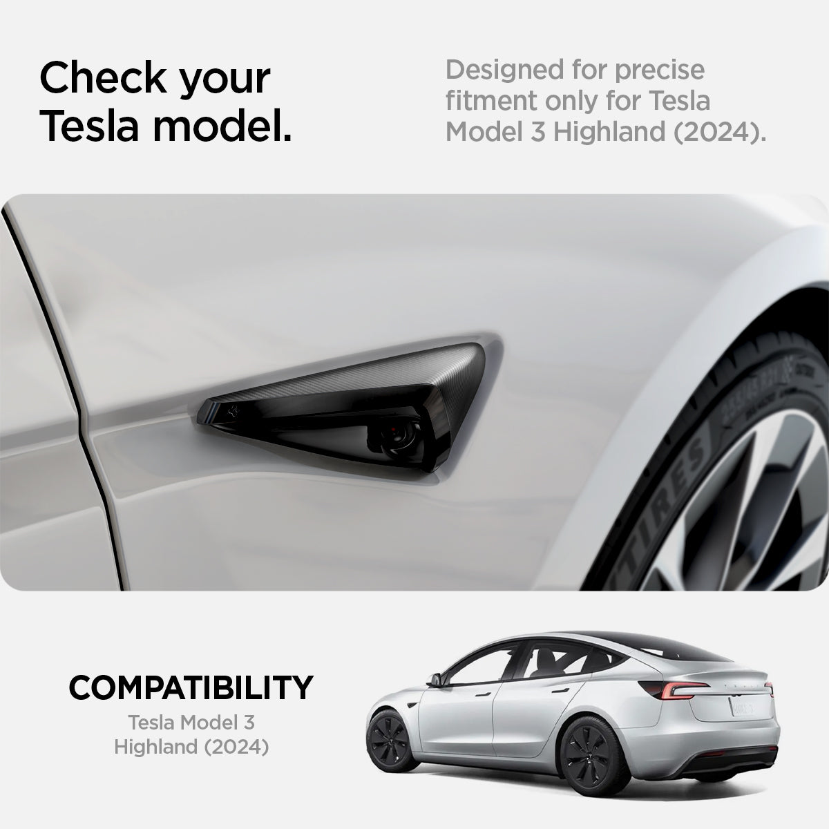 ACP07124 - Tesla Model 3 Highland Front Fender Camera Cover TO410 showing the compatibility, designed for precise fitment only for Tesla Model 3 Highland (2024)