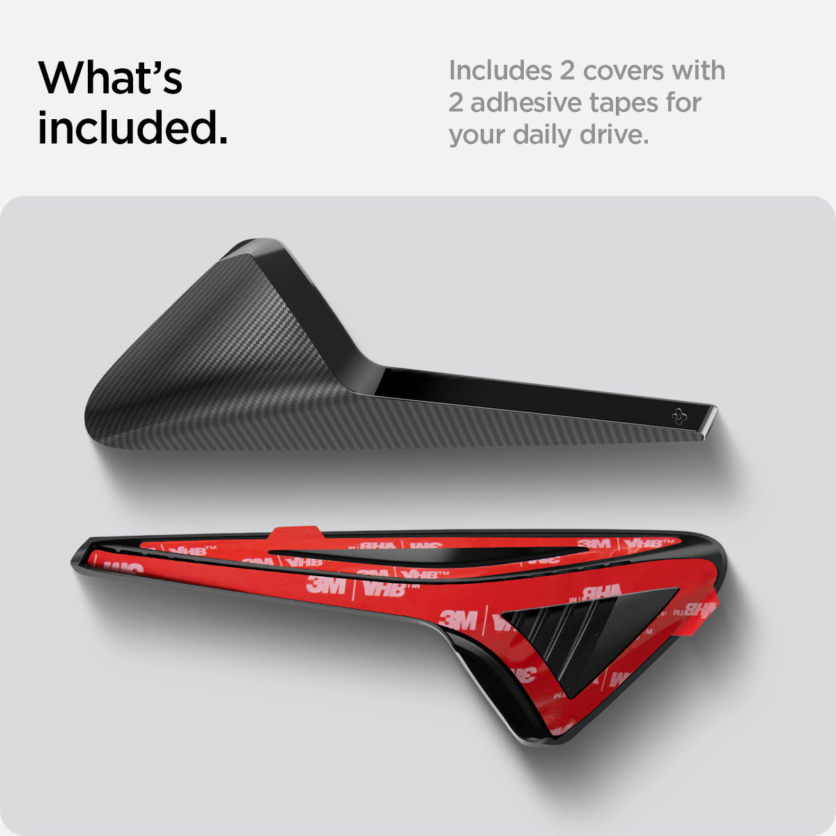 ACP07124 - Tesla Model 3 Highland Front Fender Camera Cover TO410 showing the what's included, includes 2 covers with 2 adhesive tapes for your daily drive