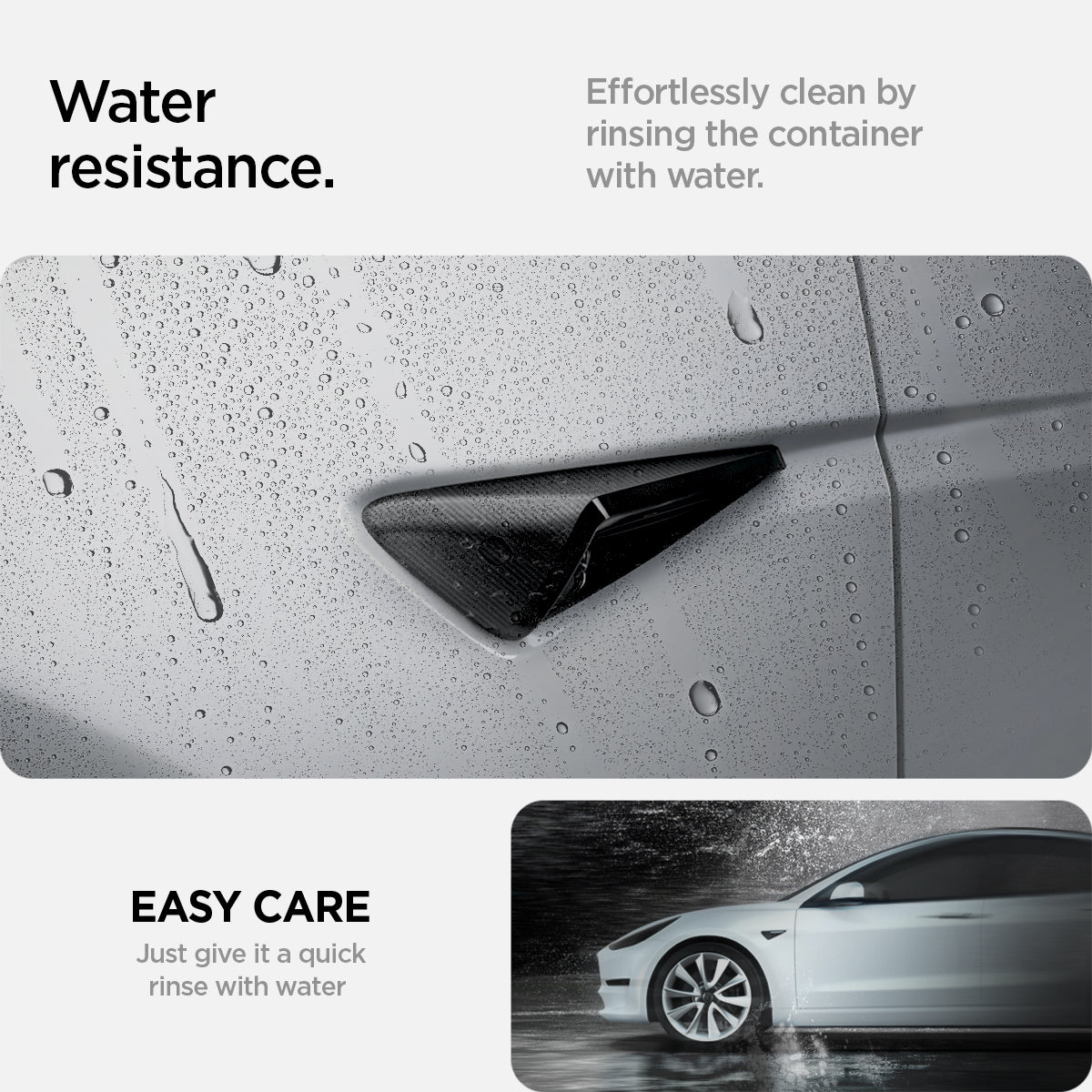 ACP07124 - Tesla Model 3 Highland Front Fender Camera Cover TO410 showing the water resistance, effortlessly clean by rinsing the container with water, easy care just give it a quick rinse with water