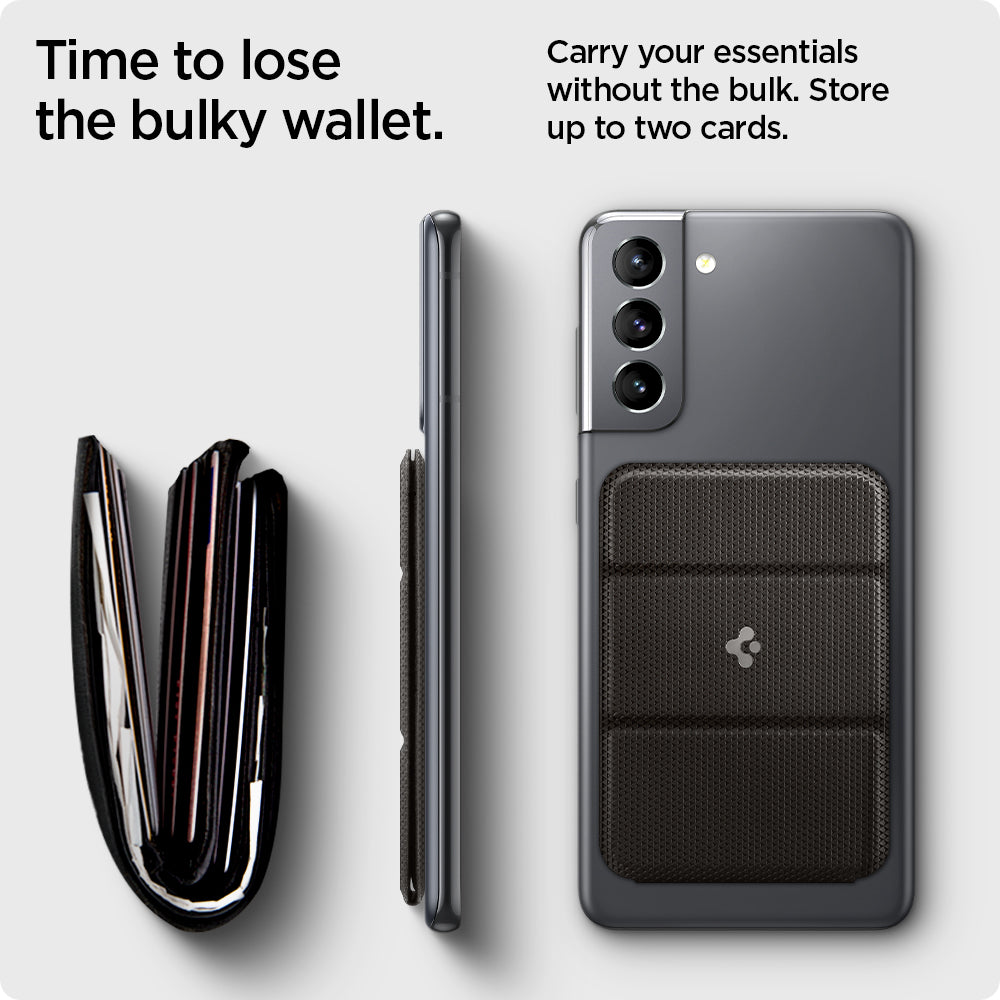 AMP02835 - Universal Card Holder Smart Fold in gunmetal showing that it's time to lose the bulky wallet, carry your essentials without the bulk, store up to two cards