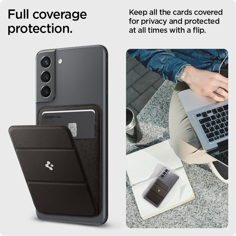 AMP02835 - Universal Card Holder Smart Fold in gunmetal showing the full coverage protection, keep all the cards covered for privacy and protected at all times with a flip