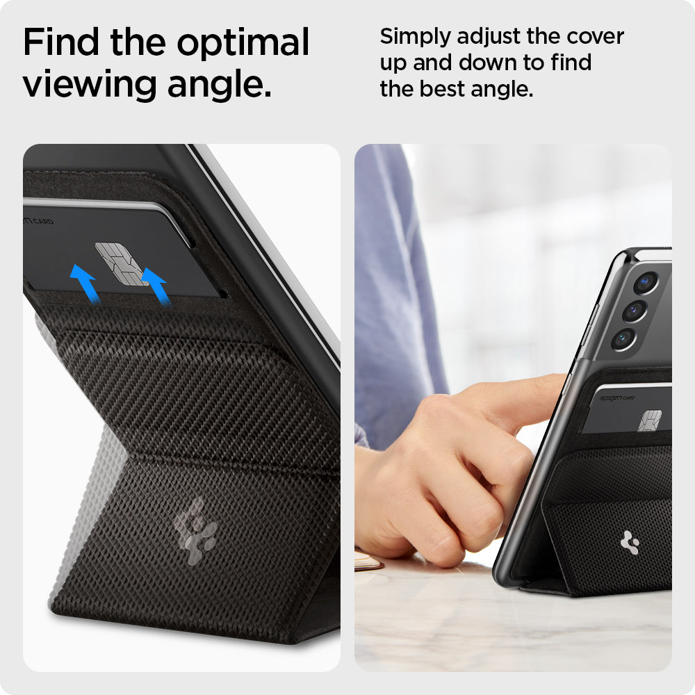 AMP02835 - Universal Card Holder Smart Fold in gunmetal showing on finding the optimal viewing angle, simply adjust the cover up and down to find the best angle