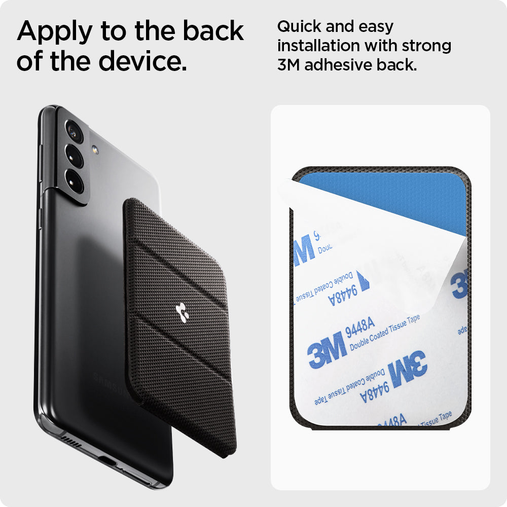 AMP02835 - Universal Card Holder Smart Fold in gunmetal showing the application to the back of the device, quick and easy installation with strong 3M adhesive back