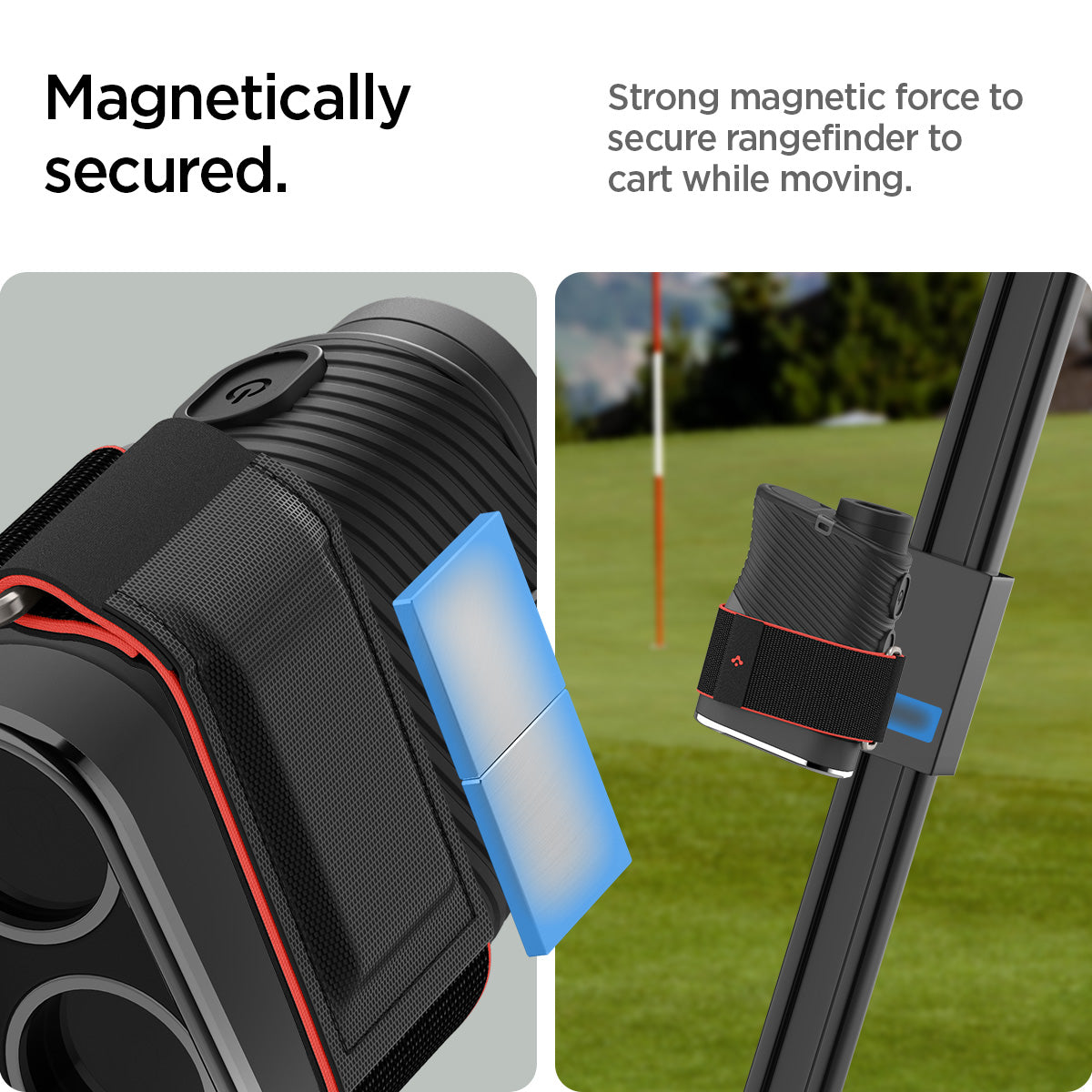 AHP04535 - Universal Rangefinder Wrap in black showing the magnetically secured, strong magnetic force to secure rangefinder to cart while moving