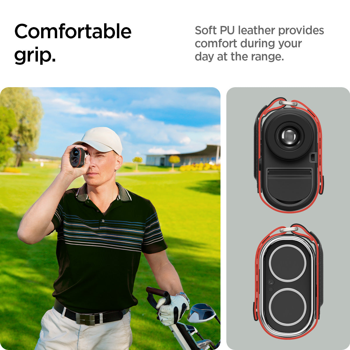 AHP04535 - Universal Rangefinder Wrap in black showing the comfortable grip, soft PU leather provides comfort during your day at the range