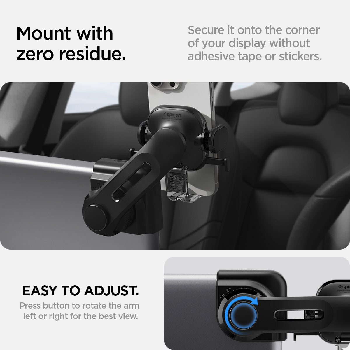 ACP07871 - Tesla Tap Lock Universal Mount ITLST90 in Black showing the mount with zero residue, secure it onto the corner of your display without adhesive tape or stickers, easy to adjust, press button to rotate the arm left or right for the best view