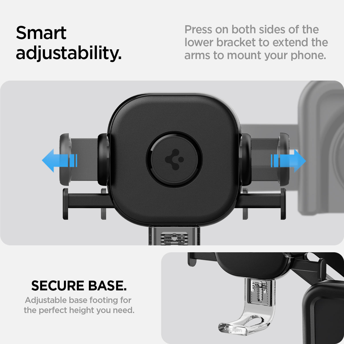 ACP07871 - Tesla Tap Lock Universal Mount ITLST90 in Black showing the smart adjustability, press on both sides of the lower bracket to extend the arms to mount your phone, secure base, with adjustable base footing