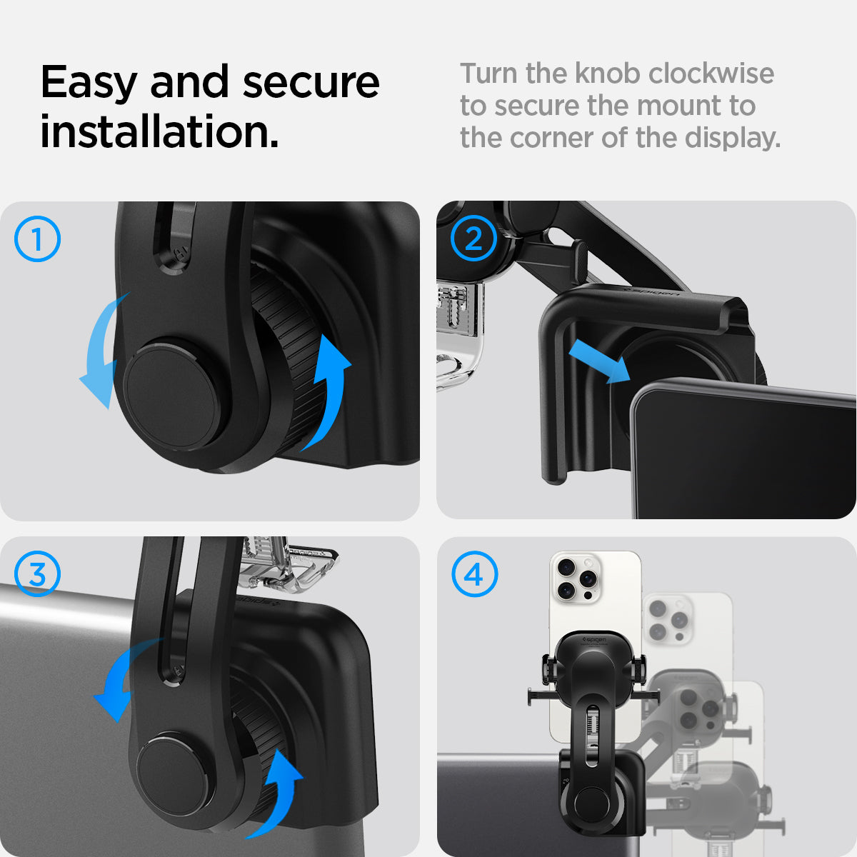 ACP07871 - Tesla Tap Lock Universal Mount ITLST90 in Black showing the easy and secure installation, turn the knob clockwise to secure the mount to the cornet of the display