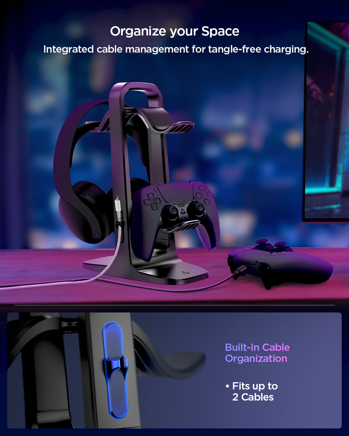 AMP074122 - PlayStation 5 | Controllers & Headphone Stand VG400 in Black showing the integrated cable management for tangle-free charging. Built-In Cable Organizer, Fits up to 2 Cables