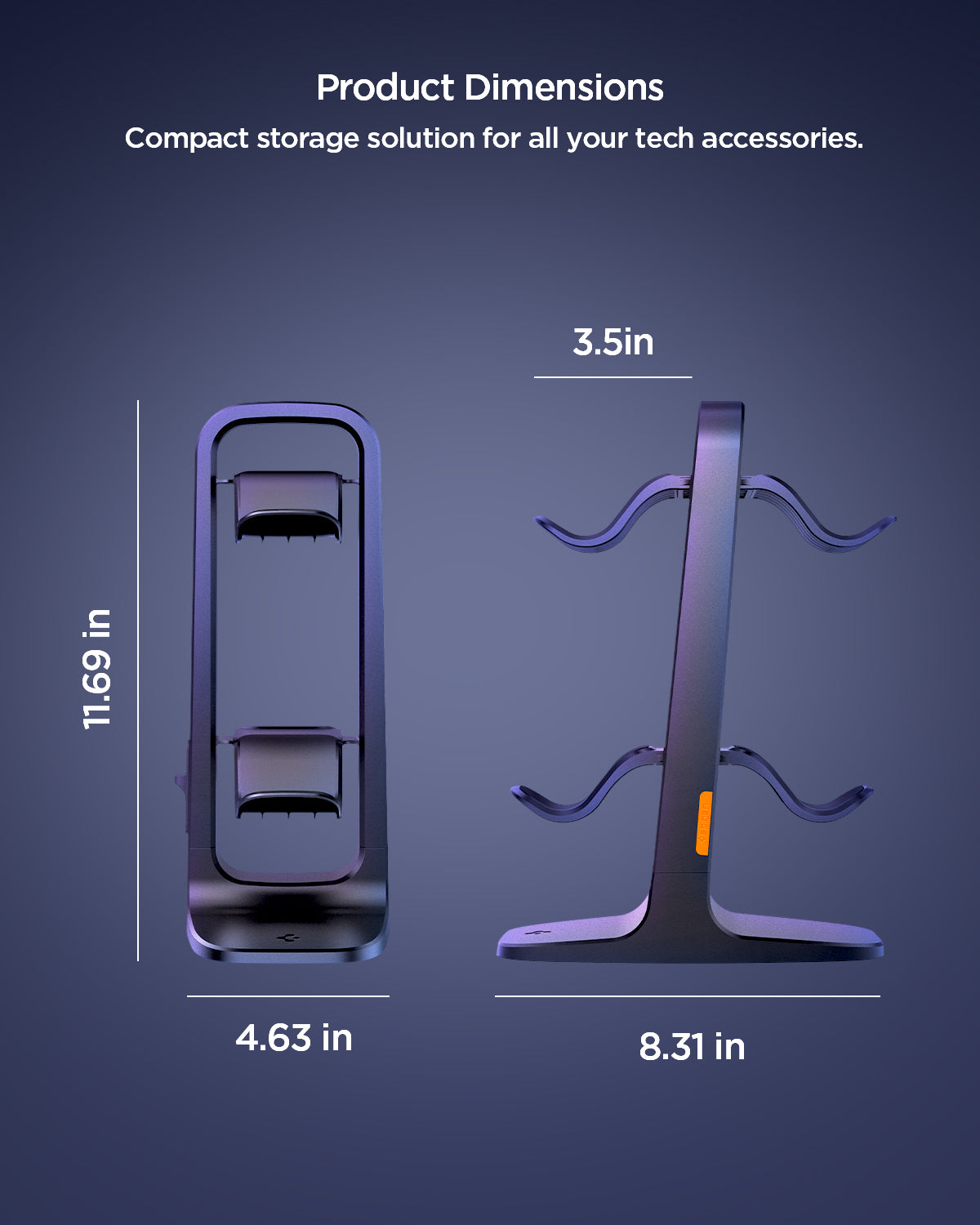 AMP074122 - PlayStation 5 | Controllers & Headphone Stand VG400 in Black showing the product dimensions. Compact storage solution for all your tech accessories. 11.69 in x 4.63 in | 3.5 in x 8.31 in