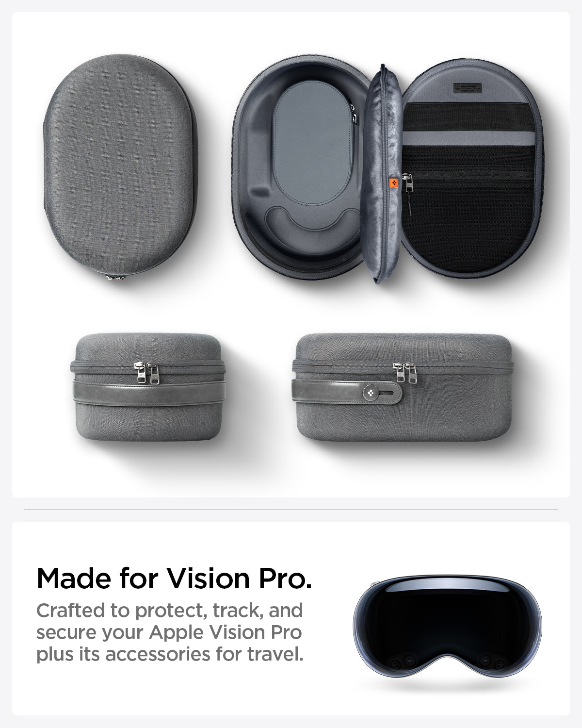 AFA07240 - Apple Vision Pro Klasden Pouch in Charcoal Gray showing the made for vision pro. Crafted to protect, track, and secure your Apple Vision Pro plus it accessories for travel