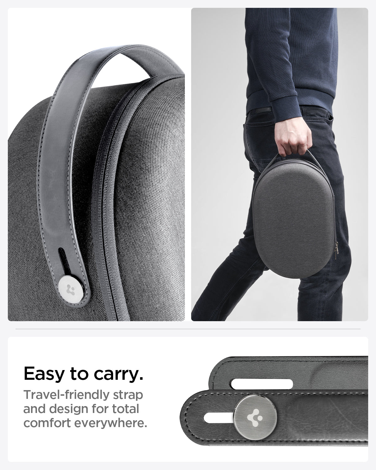 AFA07240 - Apple Vision Pro Klasden Pouch in Charcoal Gray showing the easy to carry. Travel-friendly strap and design for a total comfort everywhere