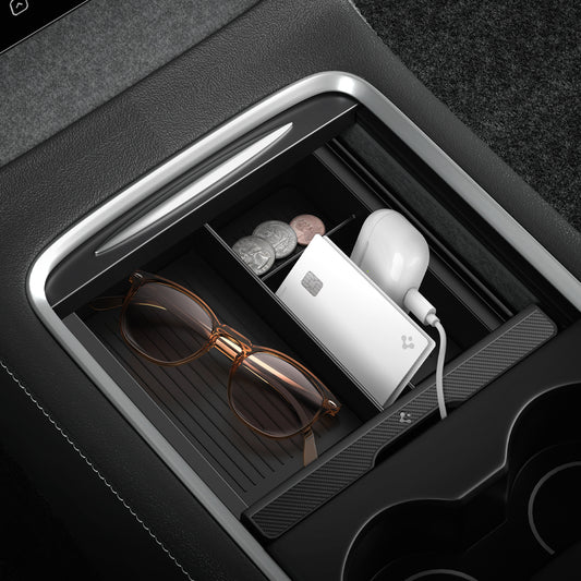 ACP04508 - Tesla Model y & 3 Center Console Organizer Tray in black showing the center console organizer tray installed inside of car with sunglasses, airpods and coins in slot