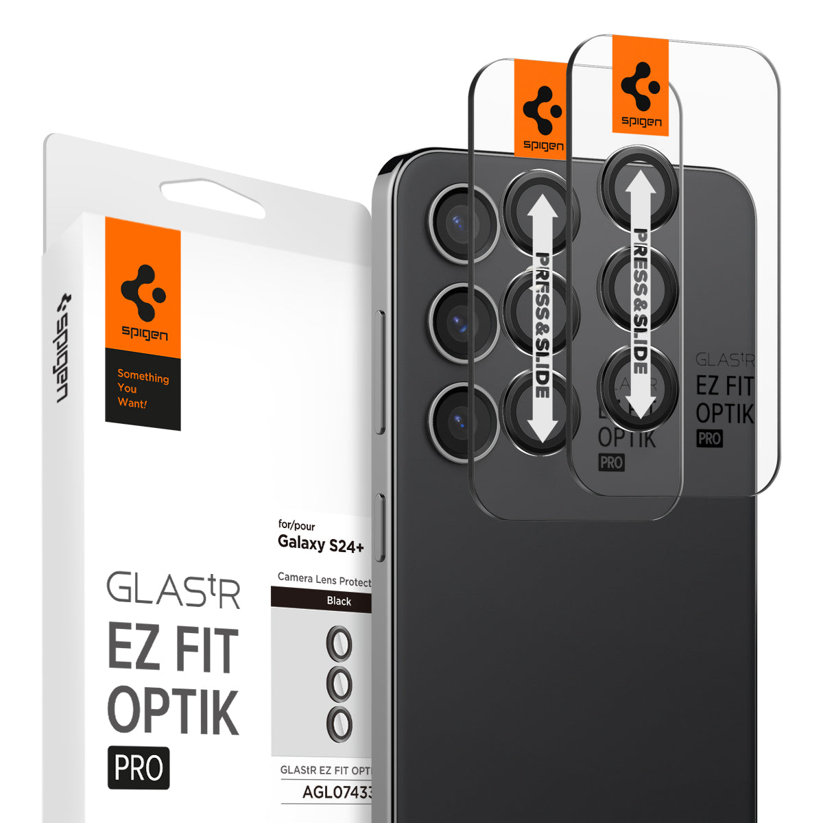 AGL07433 - Galaxy S24 Plus Optik Pro EZ Fit Lens Protector in Black showing the camera lens protector hovering above another lens protector tray and device showing back, behind it, is the packaging