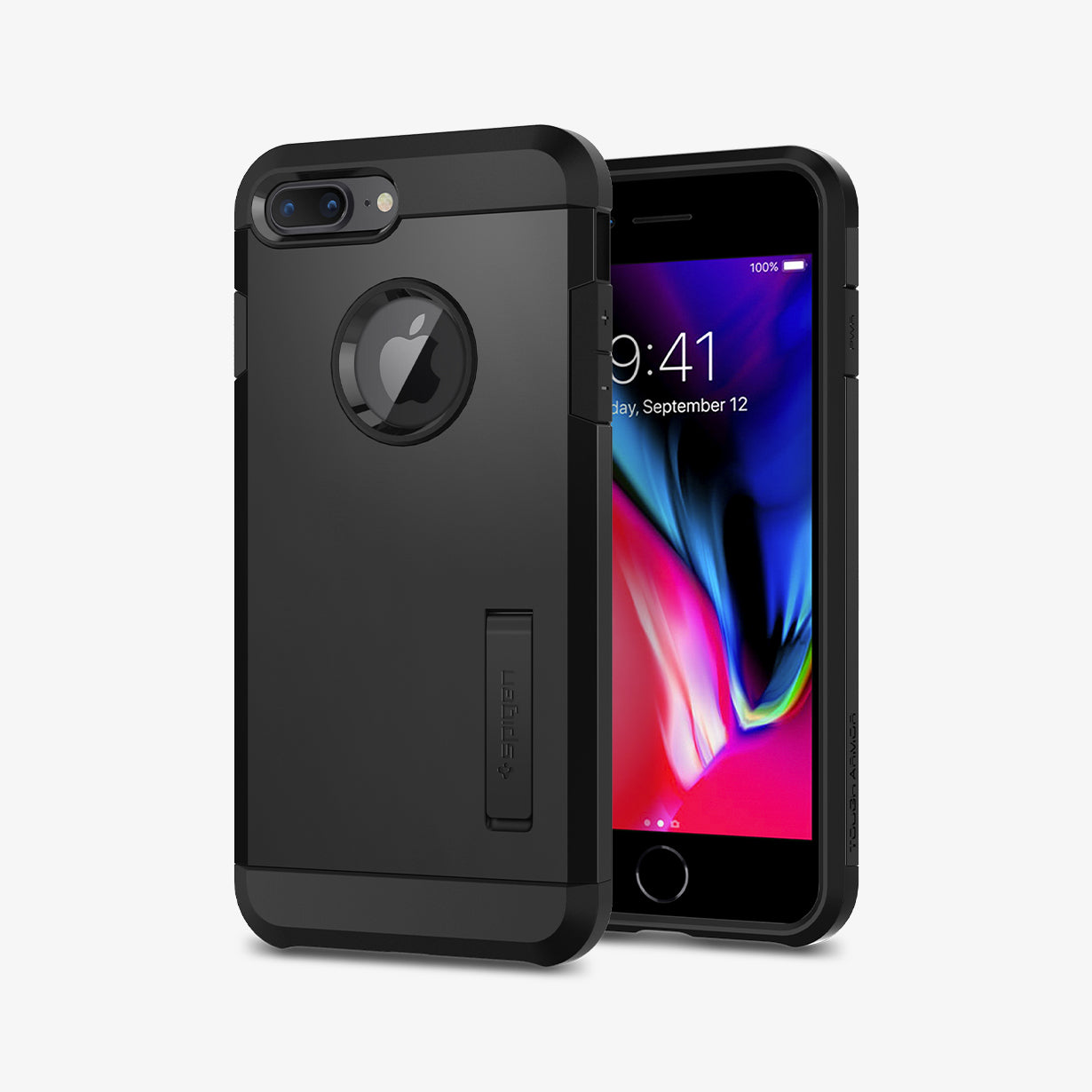 055CS22246 - iPhone 7 Plus Case Tough Armor 2 in Black showing the back, partial side next to it, a device showing front and partial side