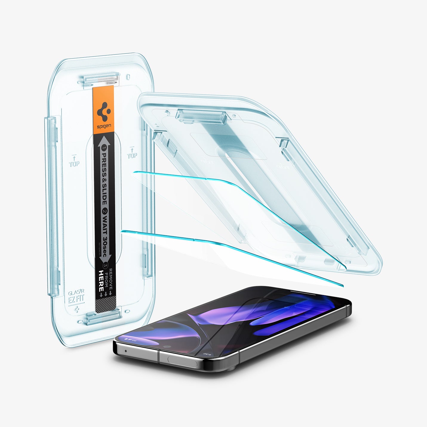 AGL08442 - Pixel 9 Pro GLAS.tR EZ Fit in Clear showing the installation tray hovering above the 2 screen protectors and the device, beside it is another installation tray