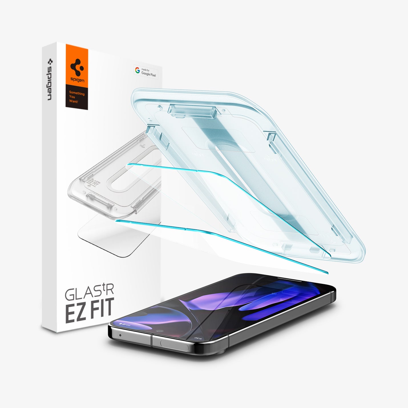 AGL08442 - Pixel 9 Pro GLAS.tR EZ Fit in Clear showing the installation tray hovering above the 2 screen protectors and the device beside it is the packaging