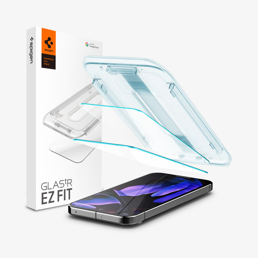 AGL08445 - Pixel 9 Pro XL GLAS.tR EZ Fit in Clear showing the installation tray hovering above the 2 screen protectors and the device beside it is the packaging