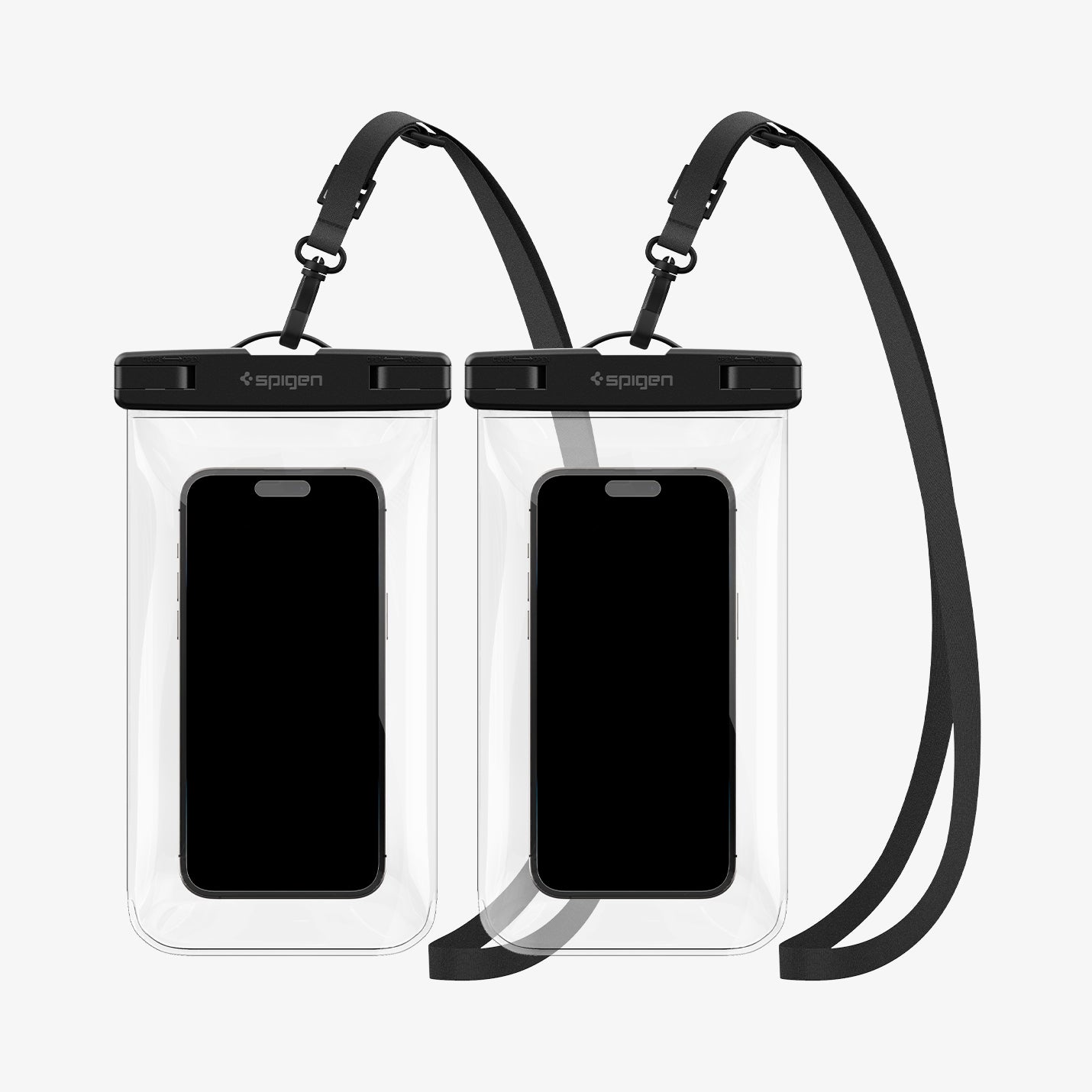 AMP03098 - AquaShield Waterproof Case (2 Pack) A601 in Crystal Clear showing the front of two devices inside a waterproof case with strap attached