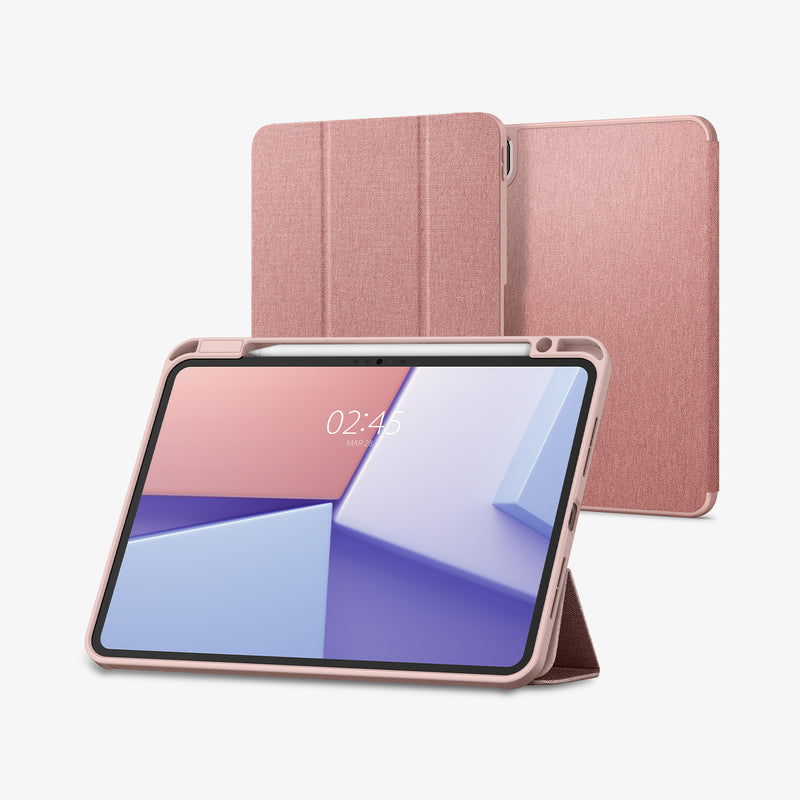 ACS07021 - iPad Pro 11-inch Case Urban Fit in Rose Gold showing the front with stylus pen and front cover folded, propped up behind to serve as a stand and behind, 2 device showing front and back