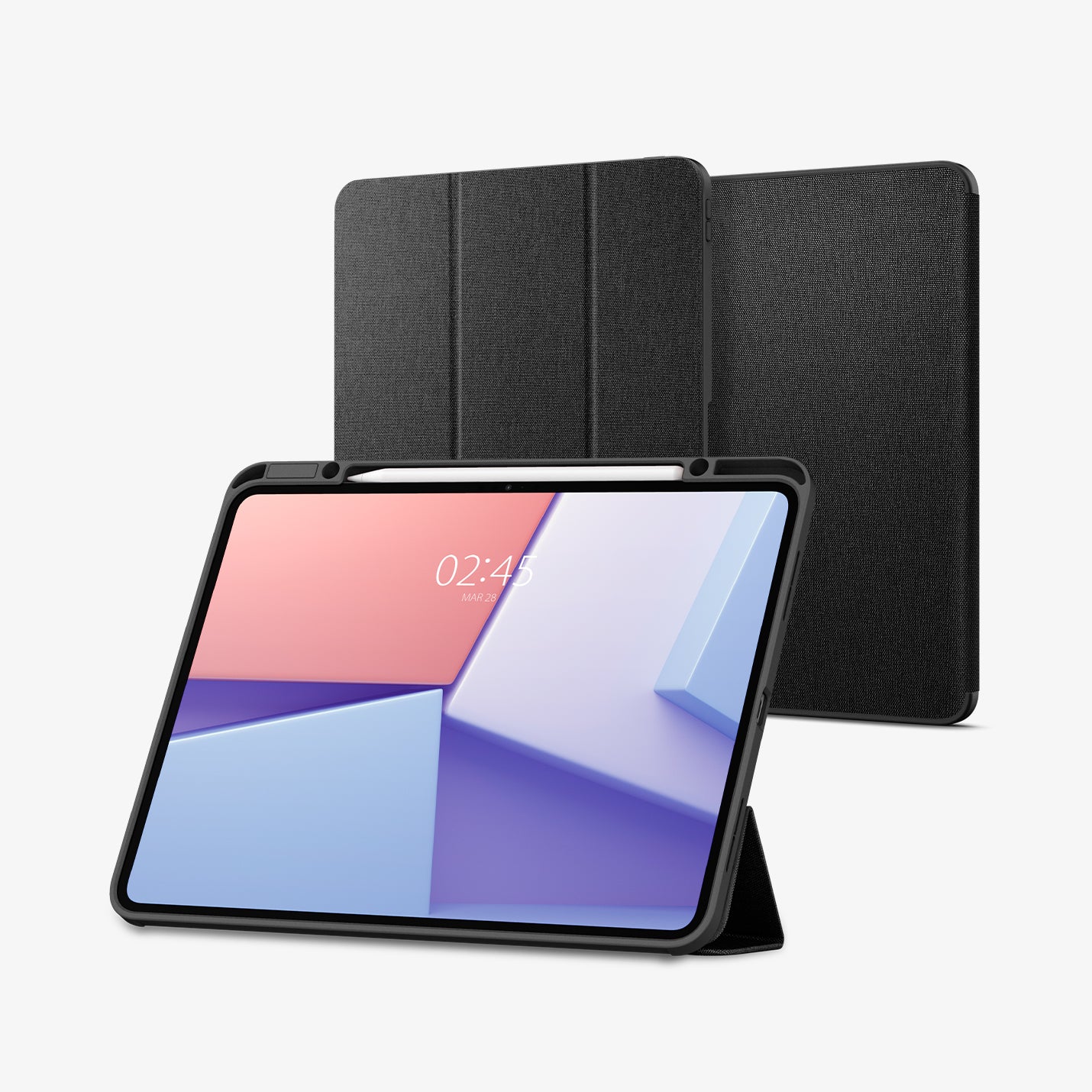 ACS07010 - iPad Pro 12.9-inch Case Urban Fit in Black showing the front with stylus pen and front cover folded, propped up behind to serve as a stand and behind, 2 device showing front and back