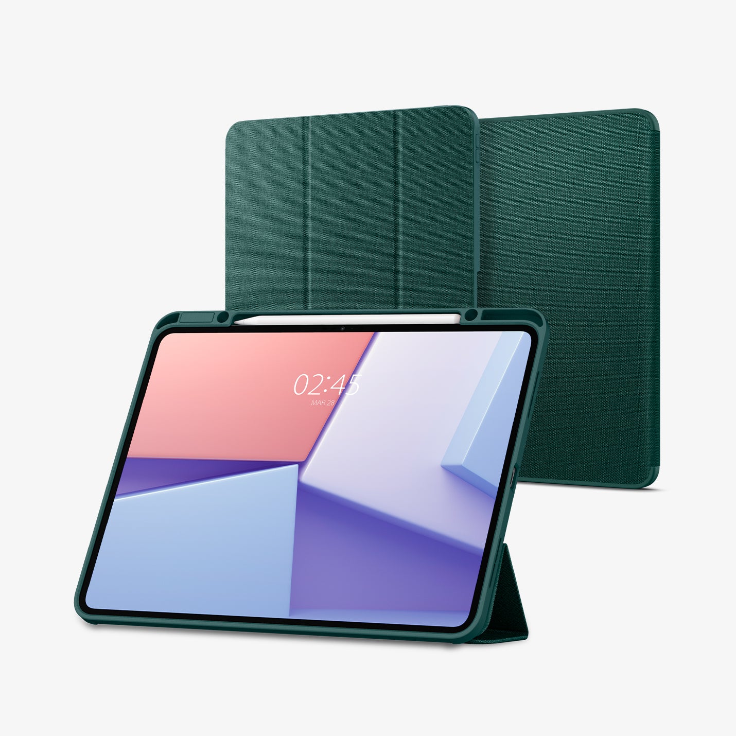 ACS07763 - iPad Pro 13-inch (2024) Case Urban Fit in Midnight Green showing the front with stylus pen and front cover folded, propped up behind to serve as a stand and behind, 2 device showing front and back